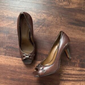 Anne Klein Chocolate Brown Peep-Toe Heels